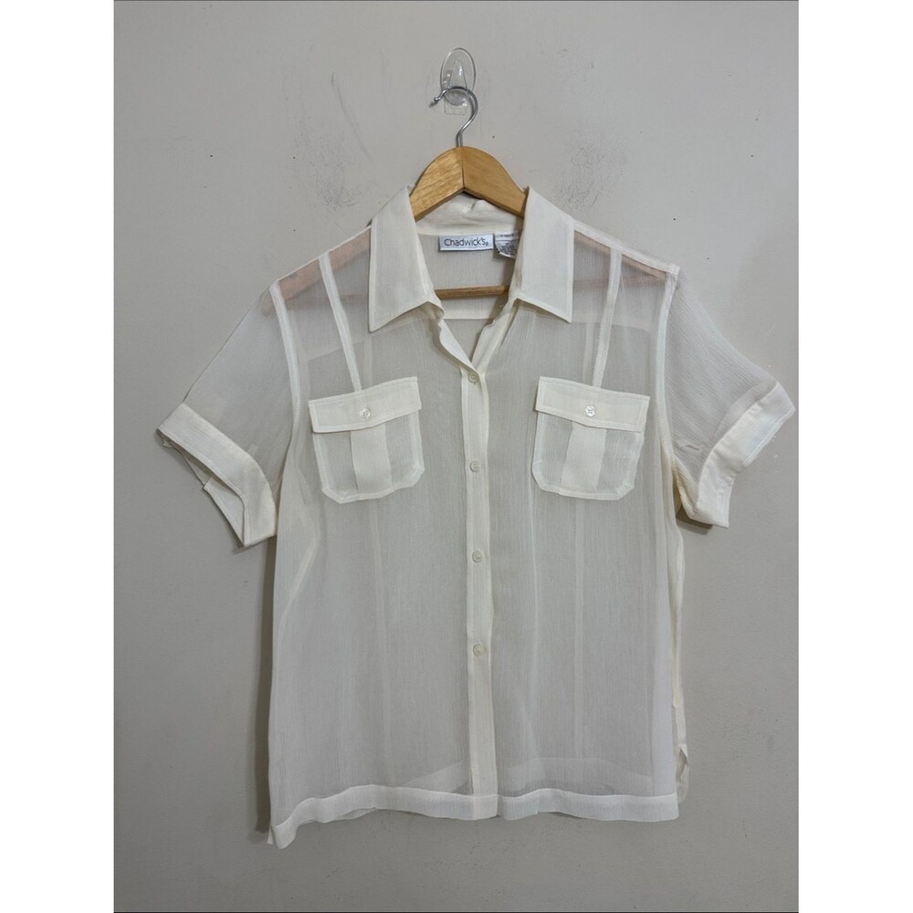 Chadwick's Sheer Silk Short Sleeve Button-Up Blouse Cream size 12 Y2K Coquette